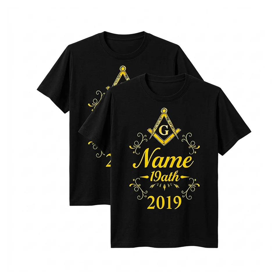 Classic black Masonic T-shirt featuring a bold gold symbol and personalized name graphic.