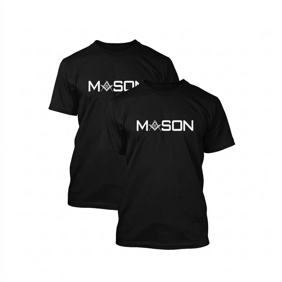 Masonic black T-shirt with bold white Freemason print and custom lodge name or personalized name option.