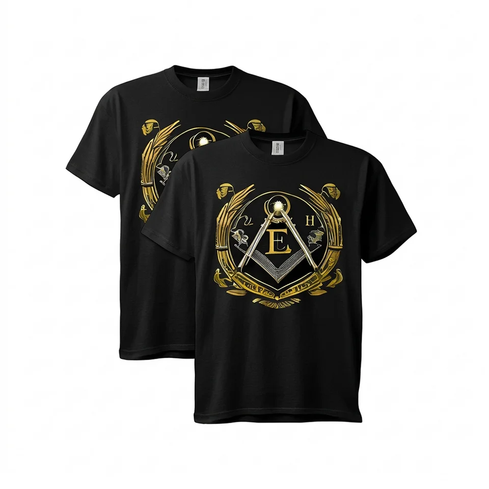 Masonic T-Shirt featuring gold E letters and Masonic symbol design with custom lodge or name option.