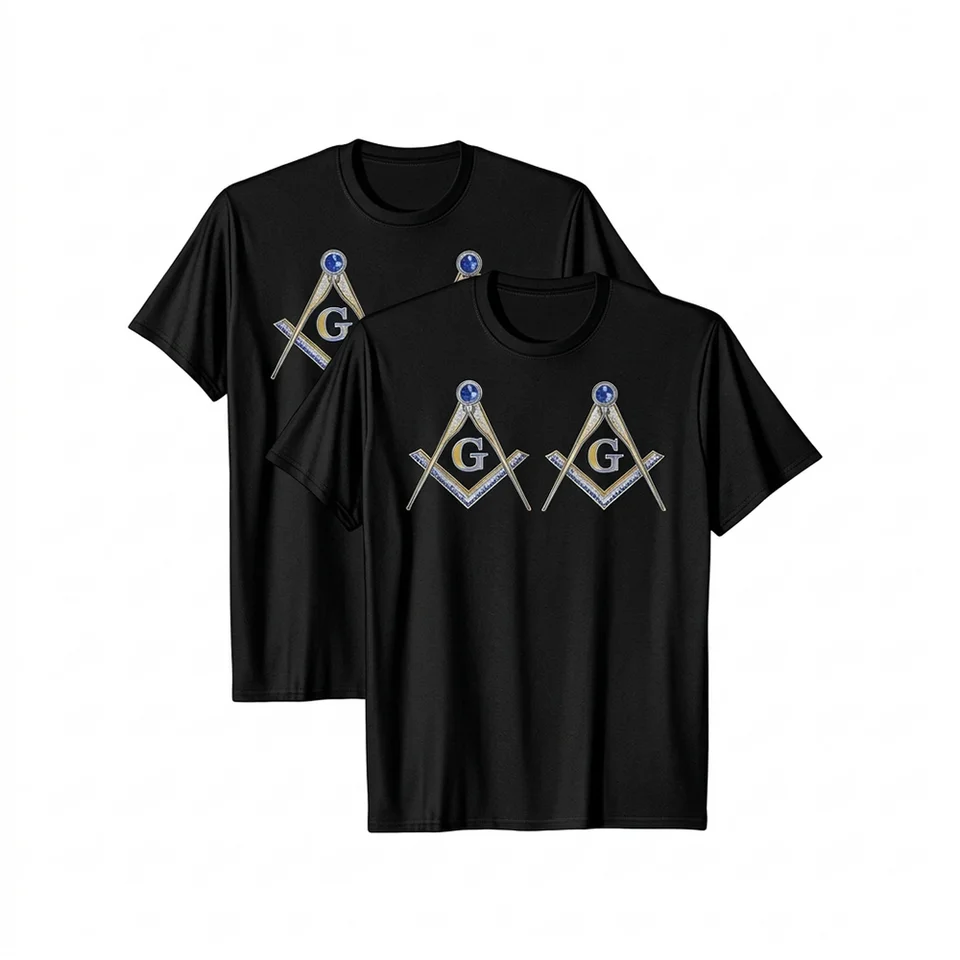 Black Masonic T-shirt with gold Square and Compasses design and custom lodge name or personalized name print.