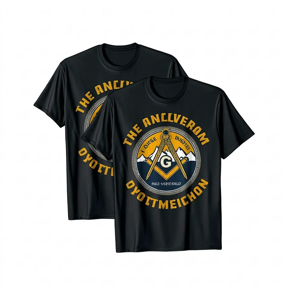 Black Masonic T-shirt with gold and blue mountain design featuring unique Masonic-inspired symbolism.