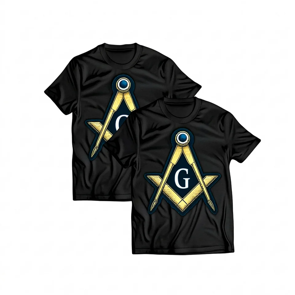 Black Masonic T-shirt featuring a gold and blue Square and Compass symbol graphic with custom lodge or name printing.