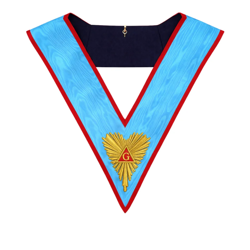 Officer Memphis Misraim French Regulation Collar in sky blue moiré, featuring fine hand embroidery for Masonic rituals.