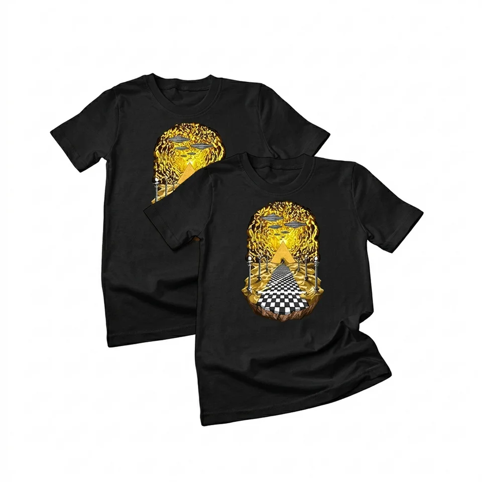 Masonic alien Egyptian pyramids T-shirt with psychedelic space, UFO, and Freemason-inspired artwork.