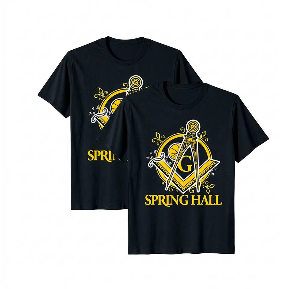 Masonic T-Shirt featuring a yellow Square symbol and Spring Hall design with custom lodge or name printing.