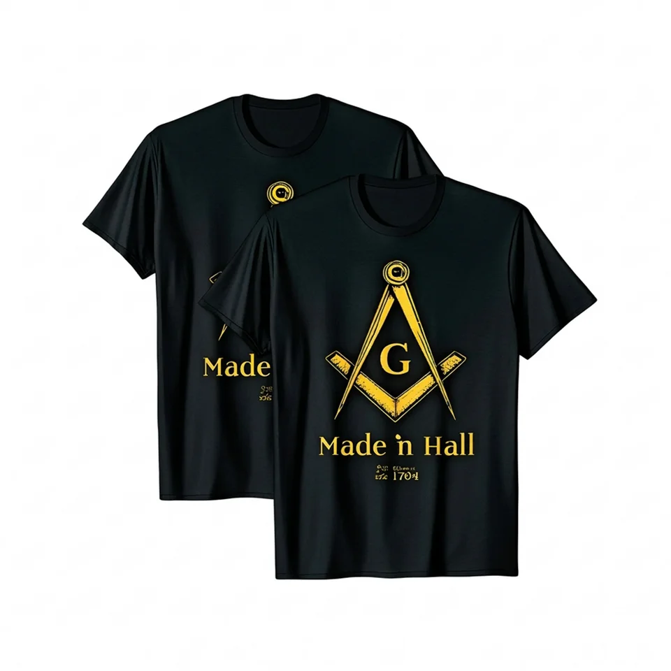 Black Masonic T-shirt with gold Compass and Square symbol and “Made in Hall” Freemason design, customizable with lodge name or personal name.
