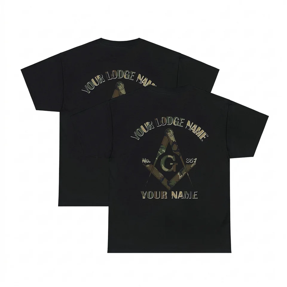 Masonic Camo Unisex T-Shirt featuring a Square and Compass design with custom name and lodge number options.